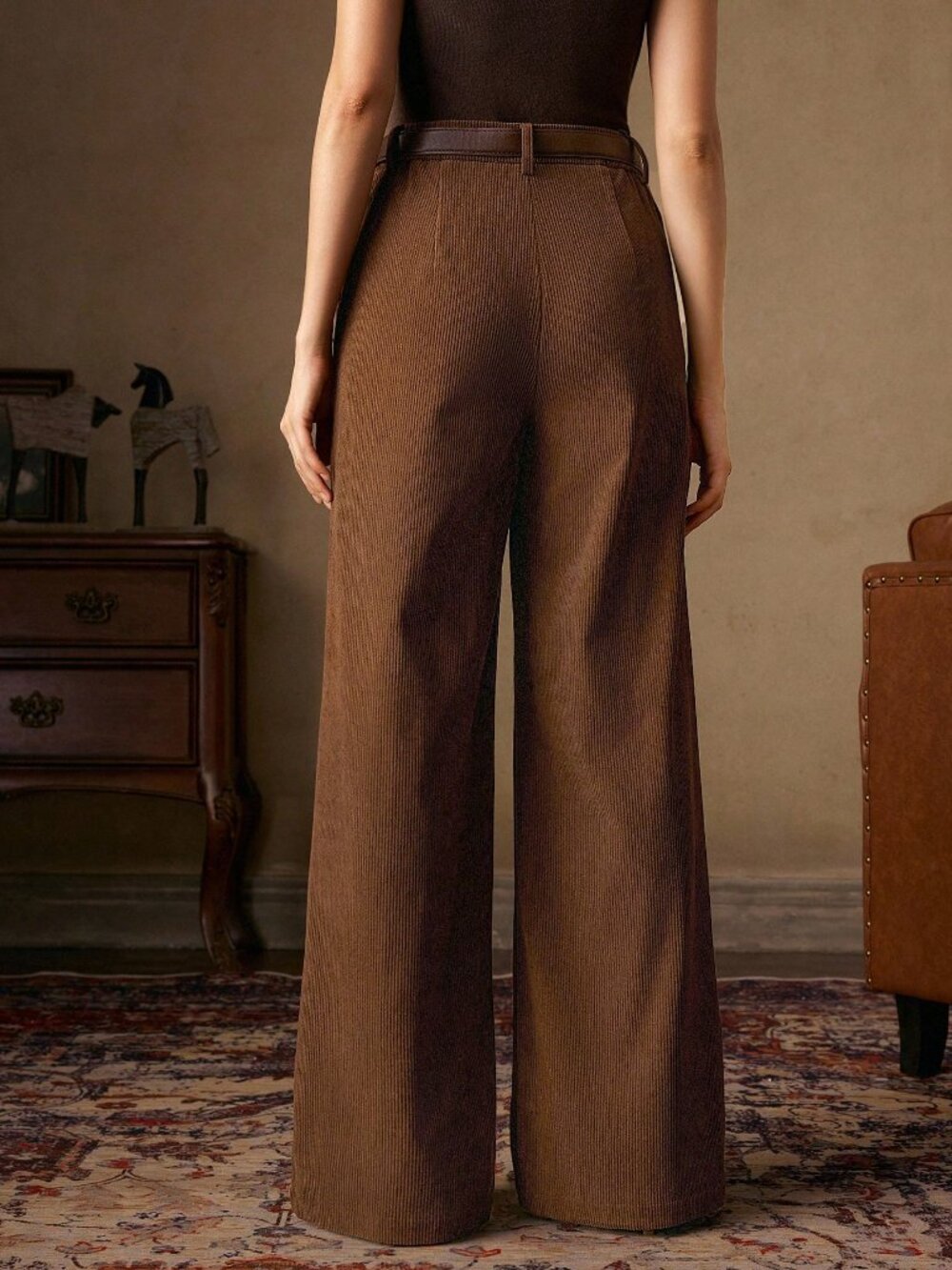 Brown Casual Women's Corduroy Trousers with Design Belt - Picture 2 of 7